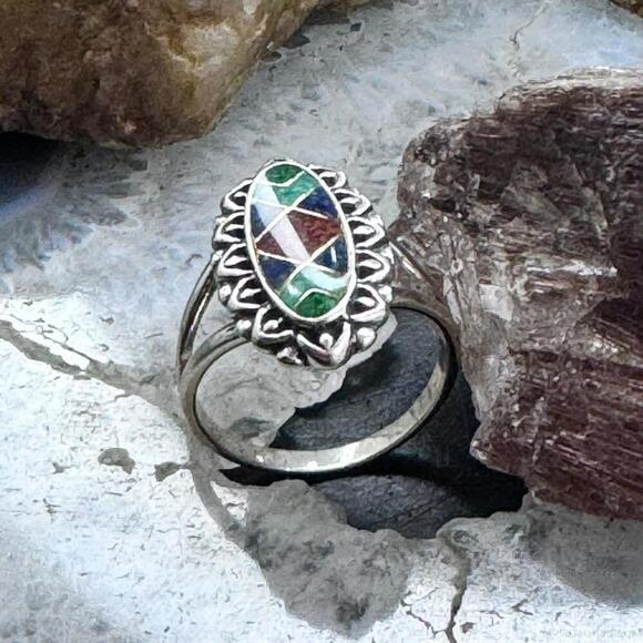 Carolyn Pollack Sterling Elongated Oval Multistone Chip Inlay Ring For Women - Picture 5 of 10